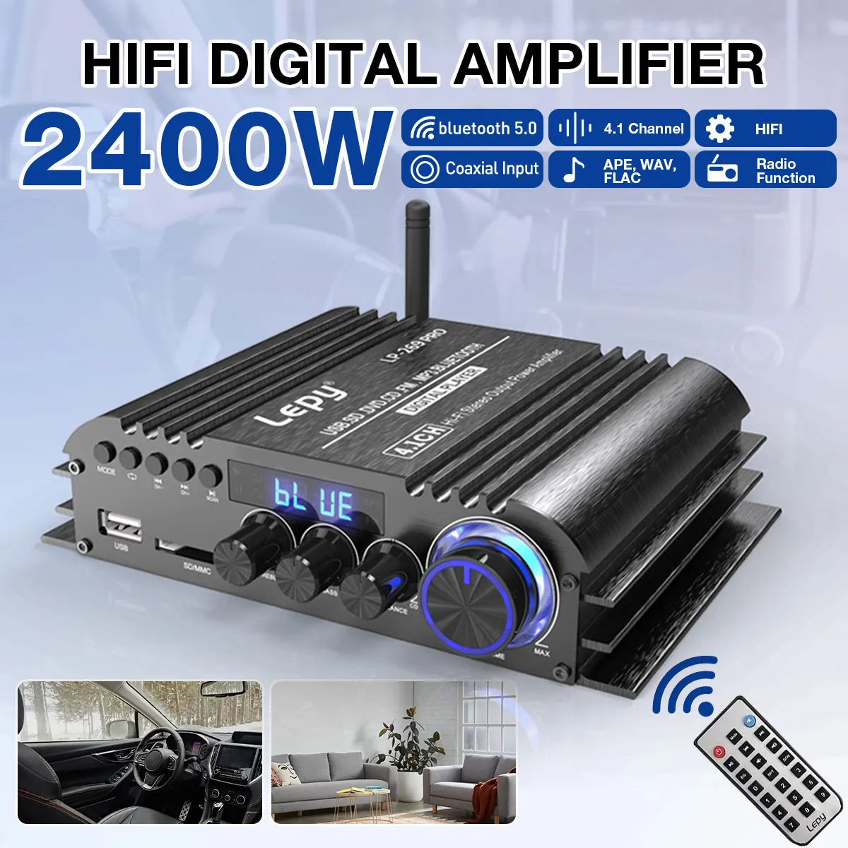 4*600W 4.1 Channel HiFi Digital bluetooth Wireless Power Amplifier Car Audio Stereo Speakers Bass Amplifier FM APE WAV FLAC USB
