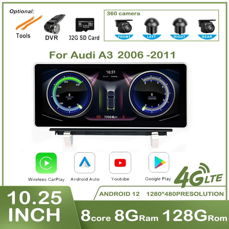 

10.25" Android 12 Octa Core Autoradi For Audi A3 2006 -2011 Car Multimedia GPS Carplay Radio Player Auto 4G Wireless IPS Screen