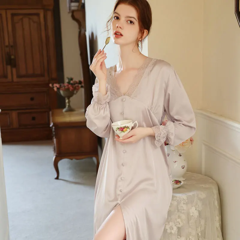 The New High Quality Sexy Women NightwearIce Sleep Dress Silk Nightdress French Vintage Nightgowns Princess Long Skirt Sleepwear