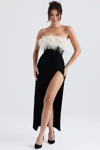 Hashupha Feathers Collar Bandage Dress Black Strapless  Sleeveless Split Elegant Bodycon Celebrity Evening Party Mid Dresses
