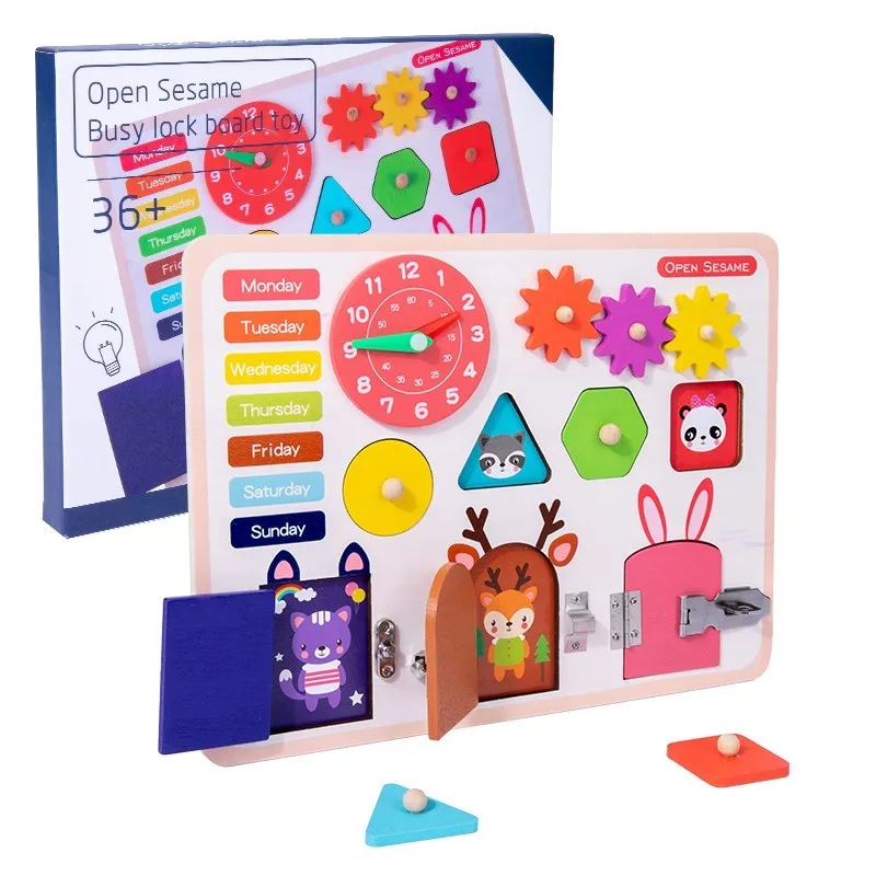 

Busy Board Montessori Unlock Toy For Kids Sensory Activity Cube Learn to Basic Life Skills tie Shoes Lacing Developmental Toy