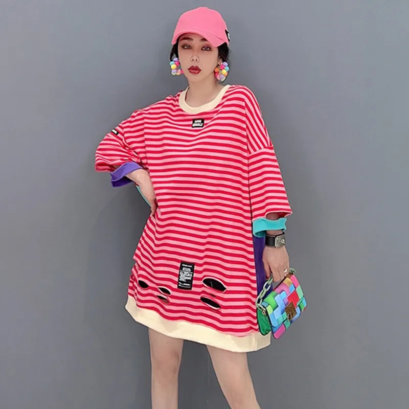 

High Street Holes Long Striped Tees Women Plus Size Thin Short Sleeve Summer Contrast T Shirt camiseta de verano para mujer