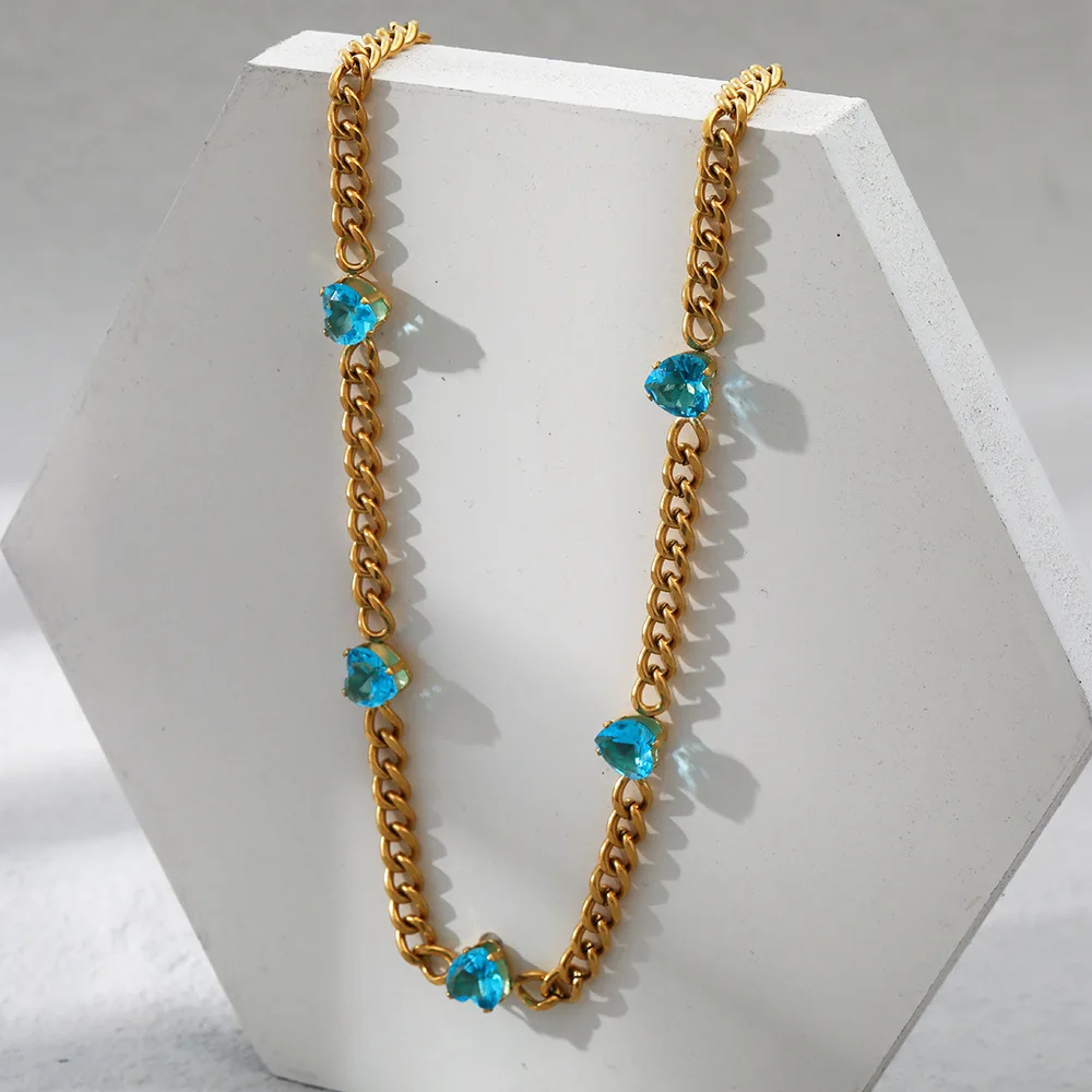 

Stainless Steel Blue Heart Zircon Necklace for Women Girls Punk Gold Plated Cuban Chain Choker Hip Pop Wedding Party Jewelry
