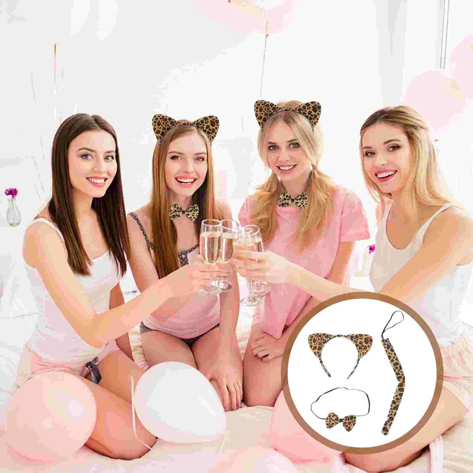 

3 Sets Leopard Print Clothing Prints Tail Hair Tie Bow Props Cat Ears Headband Dress-up Cotton Party Miss Adult Costume