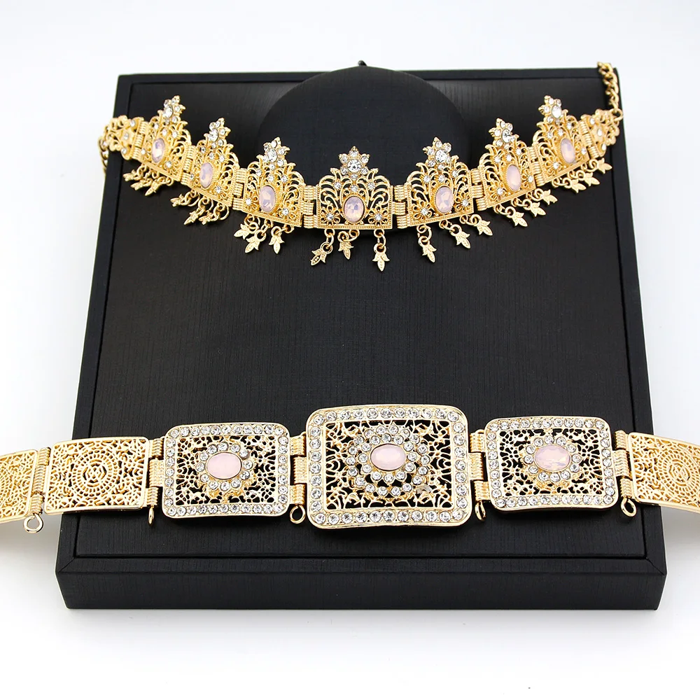 

Neovisson Shining Morocco Jewelry Sets Crystal Belt Forehead Chain Hairband Gold Color Bride Wedding Jewelry Ladies Favorite