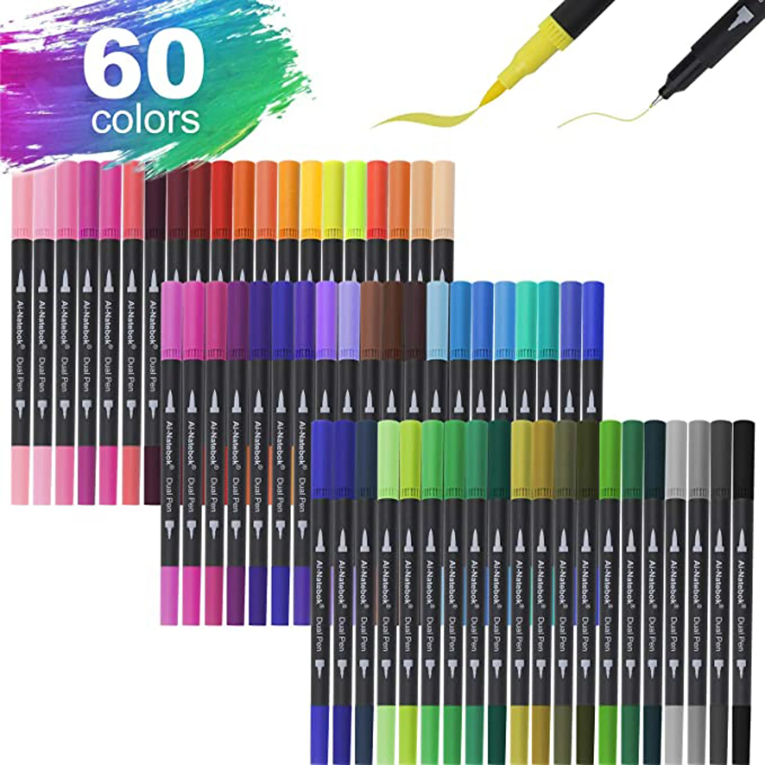 

60 Colors Dual Tip Brush Art Marker Pens Coloring Markers Fine & Brush Tip Pen for Adult Coloring Book Note Taking Art Supplier