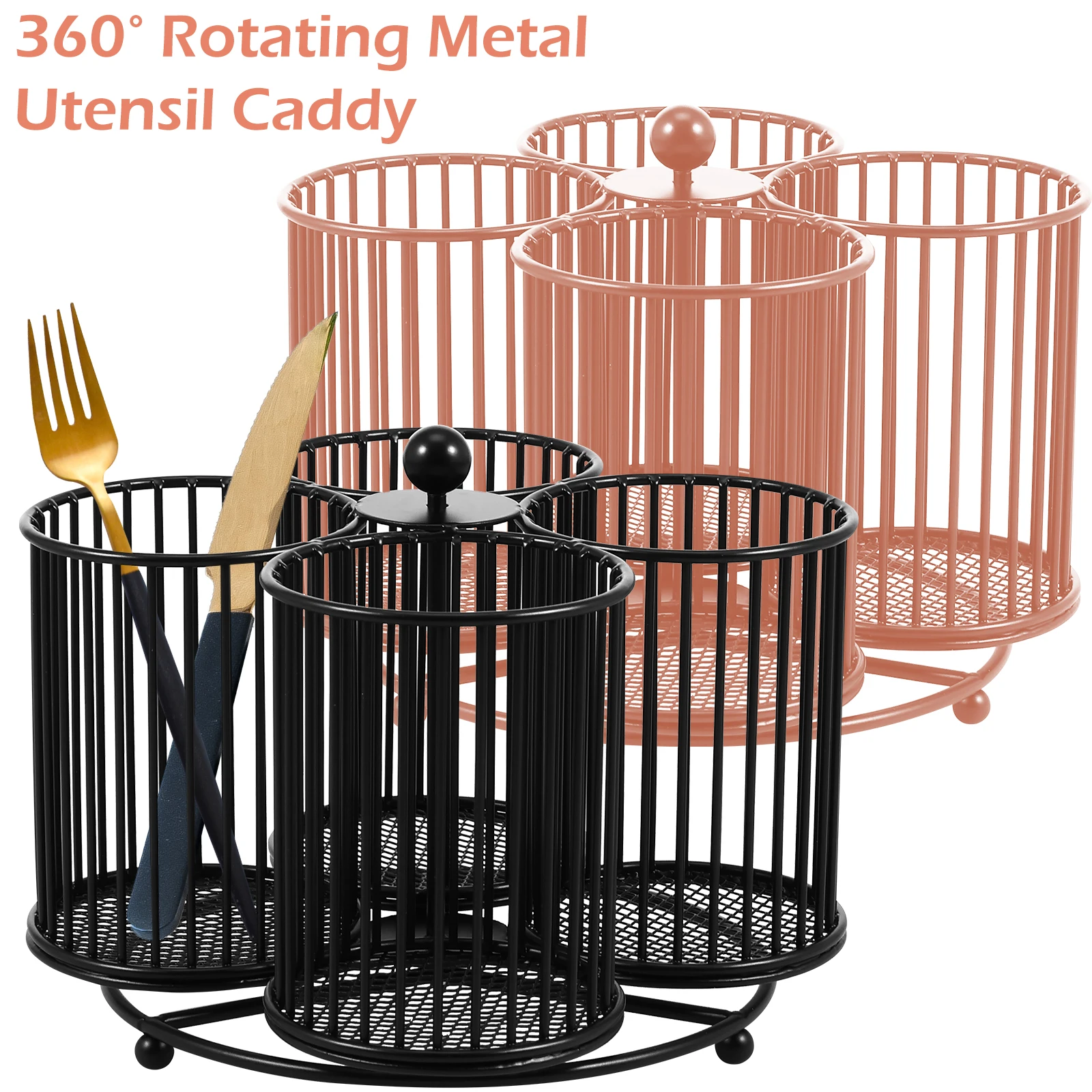 

Metal Utensil Caddy 360 Degree Rotating Cutlery Holder 4 Compartment Flatware Storage Basket Portable Multipurpose Countertop