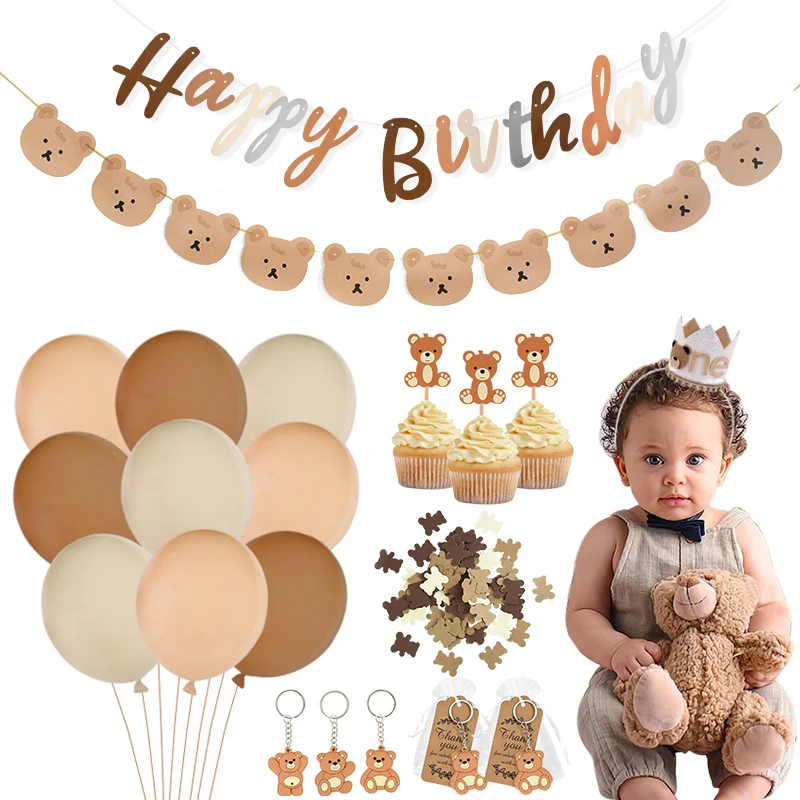 

Kids Teddy Bear Birthday Party Balloons Paper Banner Garland Cake Toppers Baby Shower Boy 1st Happy Birthday Decoration Supplies