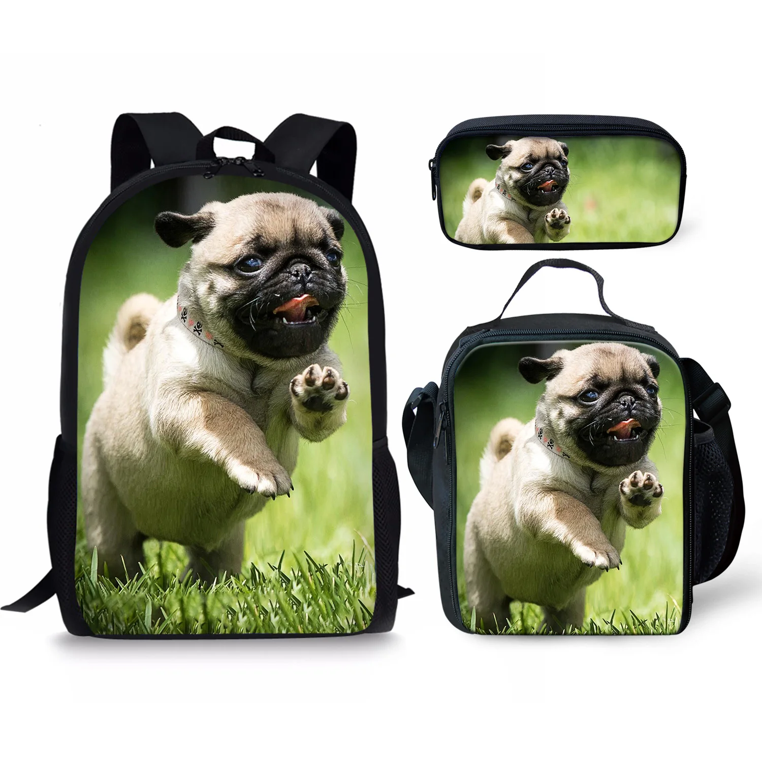 Adorable Pug Style Print New Large Schoolbag Pencil & Lunch Bag Student School Backpack Waterproof Capacity Primary Book Bags