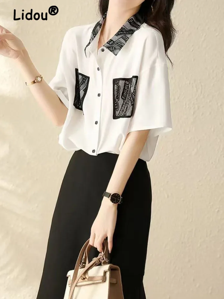 

Lace Polo-Neck Elegant Fashion Schiffon Shirt Single Breasted Summer 2022 New Half Sleeve Pullover Blouse Tops Women's Clothing