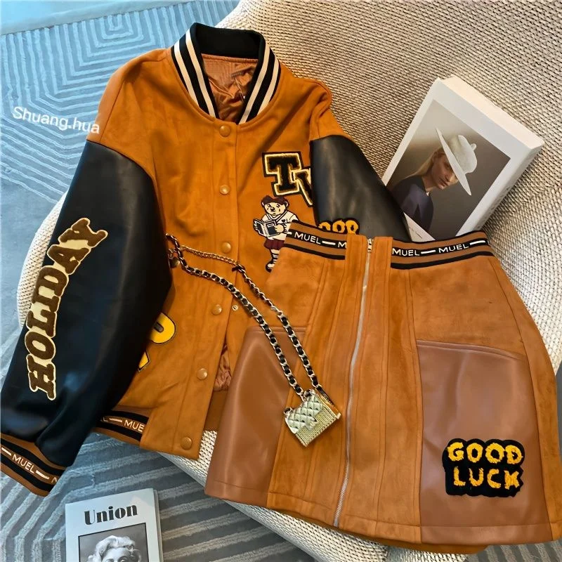 Women Embroidery PU Leather Brown 2 Pieces Sets Baseball Jacket Coats Vintage Autumn Winter Outerwear Clothes