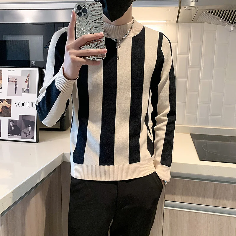 

Autumn and Winter New Men's Stripe Round Collar Sweater Male Korean Version Casual All-match Knitted Bottoming Shirt S-3XL