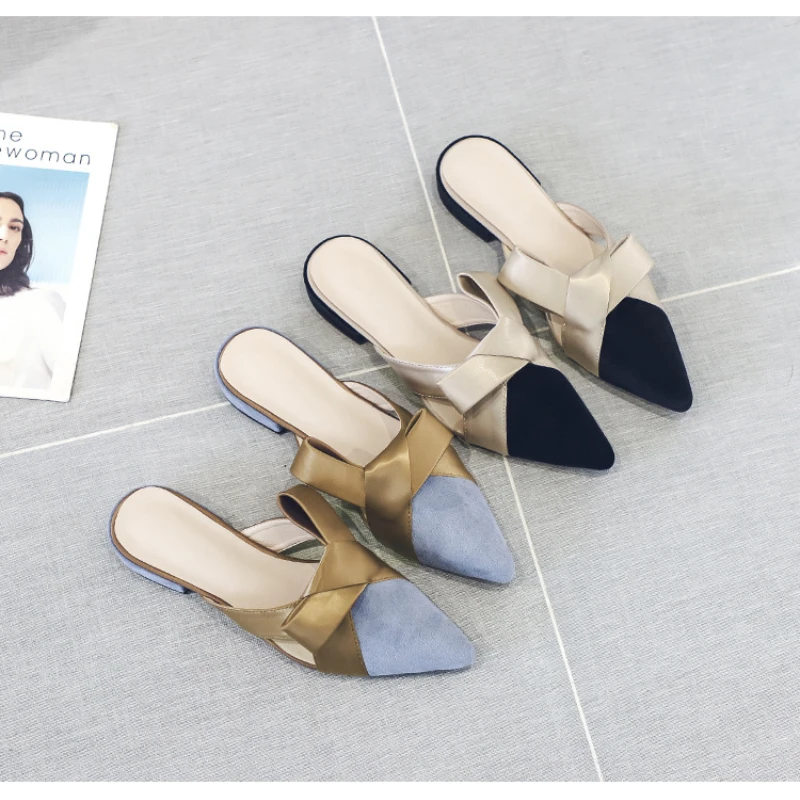 

Женские мюли на среднем каблуке, босоножки на толстом каблуке с бантом и острым носком, Повседневная летняя обувь, женские сандалии с острым...