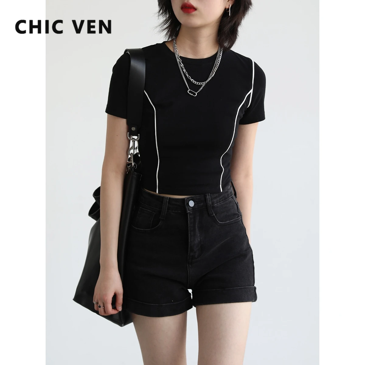 

CHIC VEN Women's Tshirts Ice Skin Cotton Safari Short Sleeve Contrast Slim Fit T-shirt for Woman Tops Streetwear Summer 2022