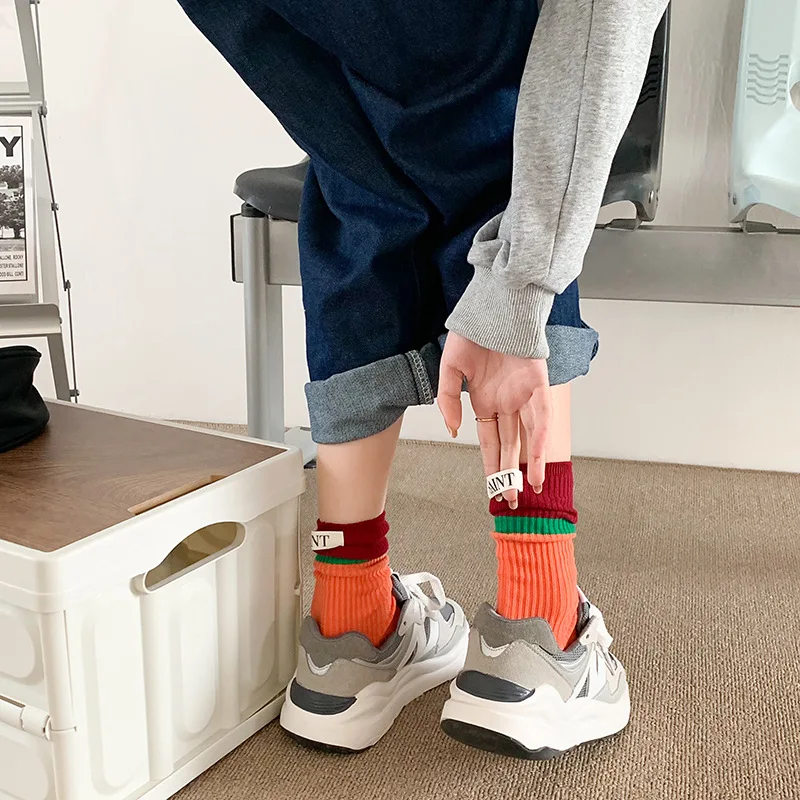 Contrast colored socks, women's high top pile up socks, Korean version of spring/summer cotton socks
