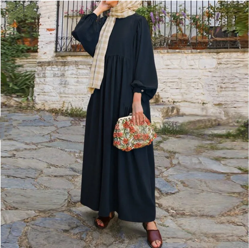 New Muslim women's pure color round neck lamp sleeves loose casual fashion women's dress