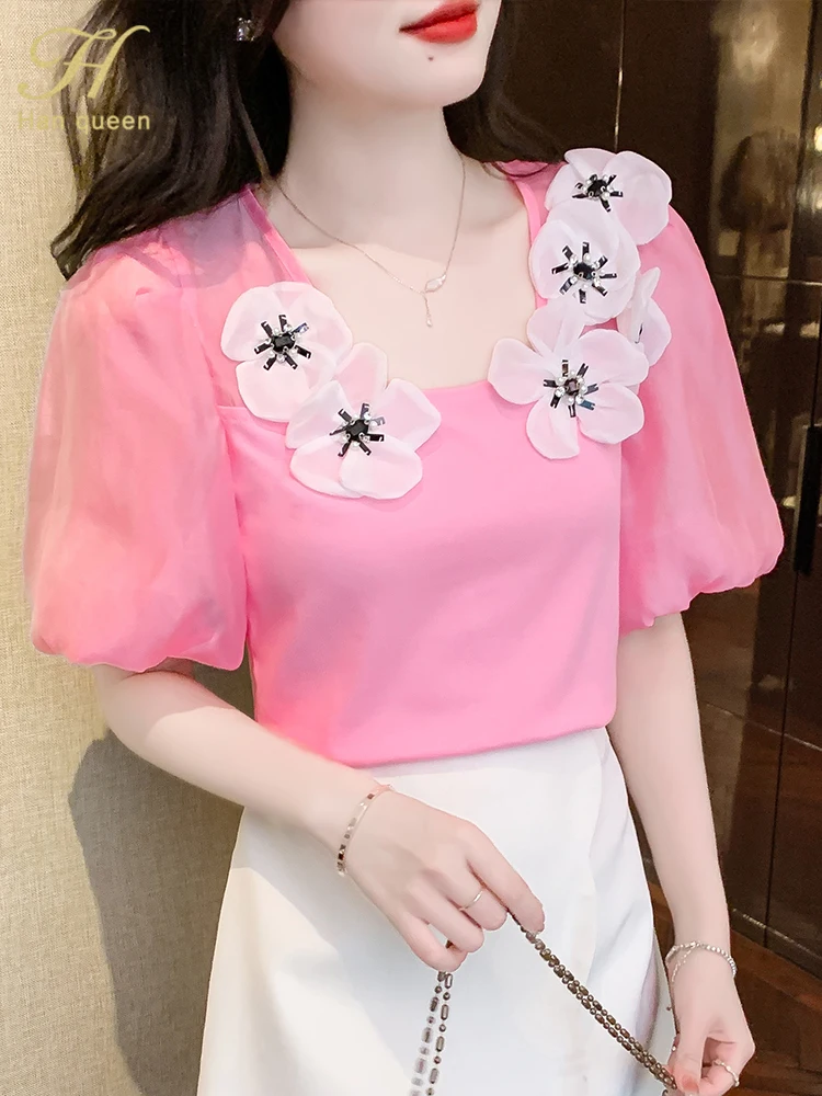 

H Han Queen Summer Korean Three-Dimensional Floral Beads Diamonds Women Vintage Tops Casual Office Shirts Elegant Chiffon Blouse