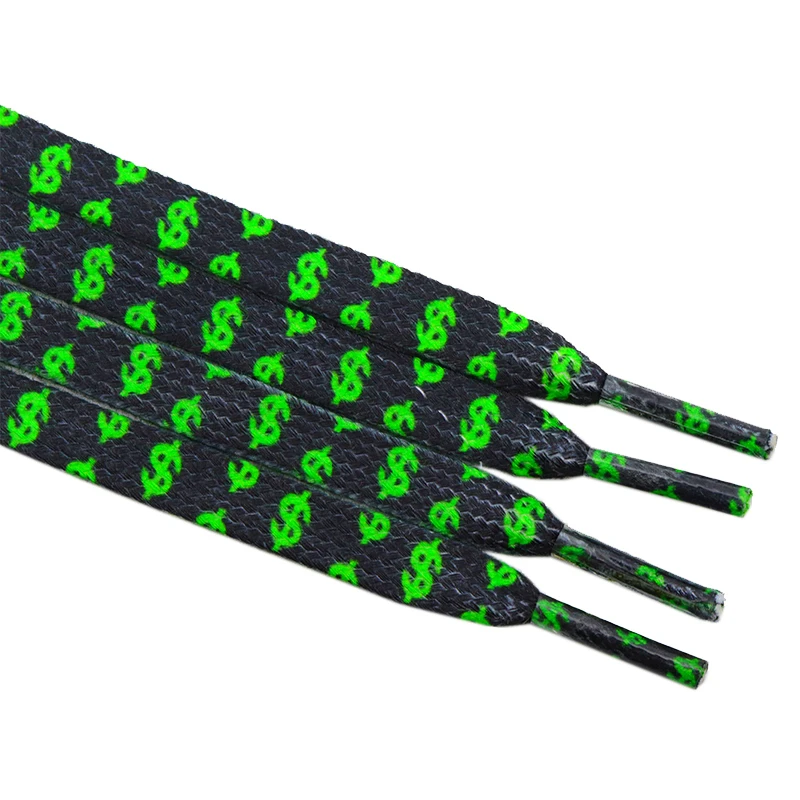 

8MM Flat Canvas Polyester Cotton Laces Black-Green Dollar Heat Transfer Printing Pattern Top Ropes Men Sneaker Cords