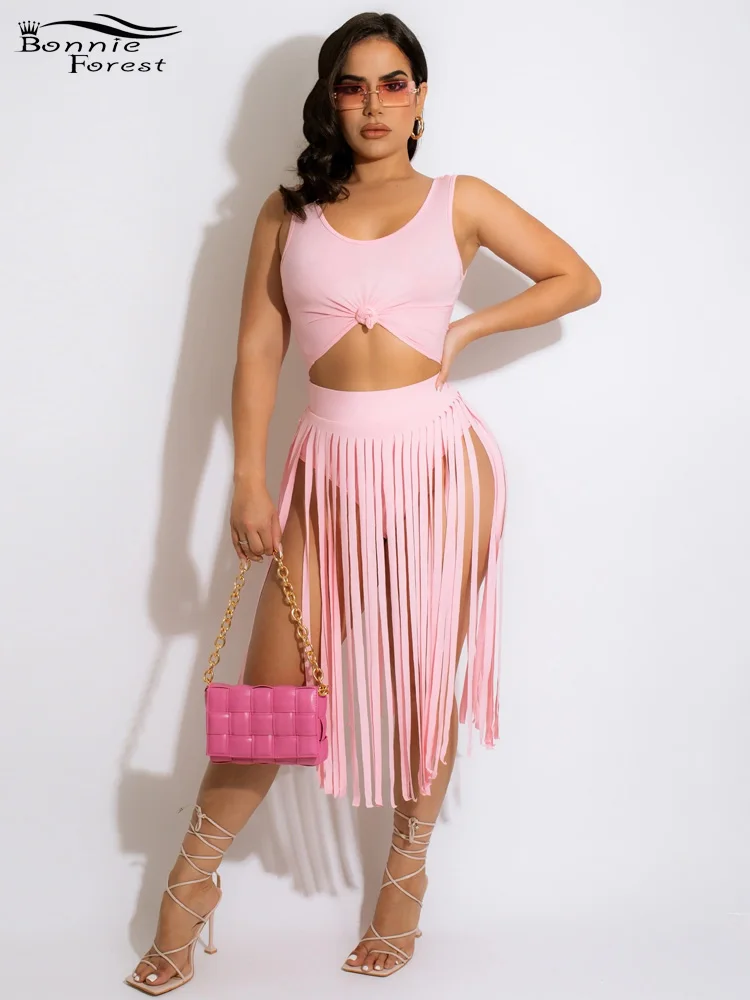 

Bonnie Forest Casual O Neck Crop Top And Fringed Skirt Set Active Wear Womens Fashion Hollow Out Two-Piece Set Pink Outfits