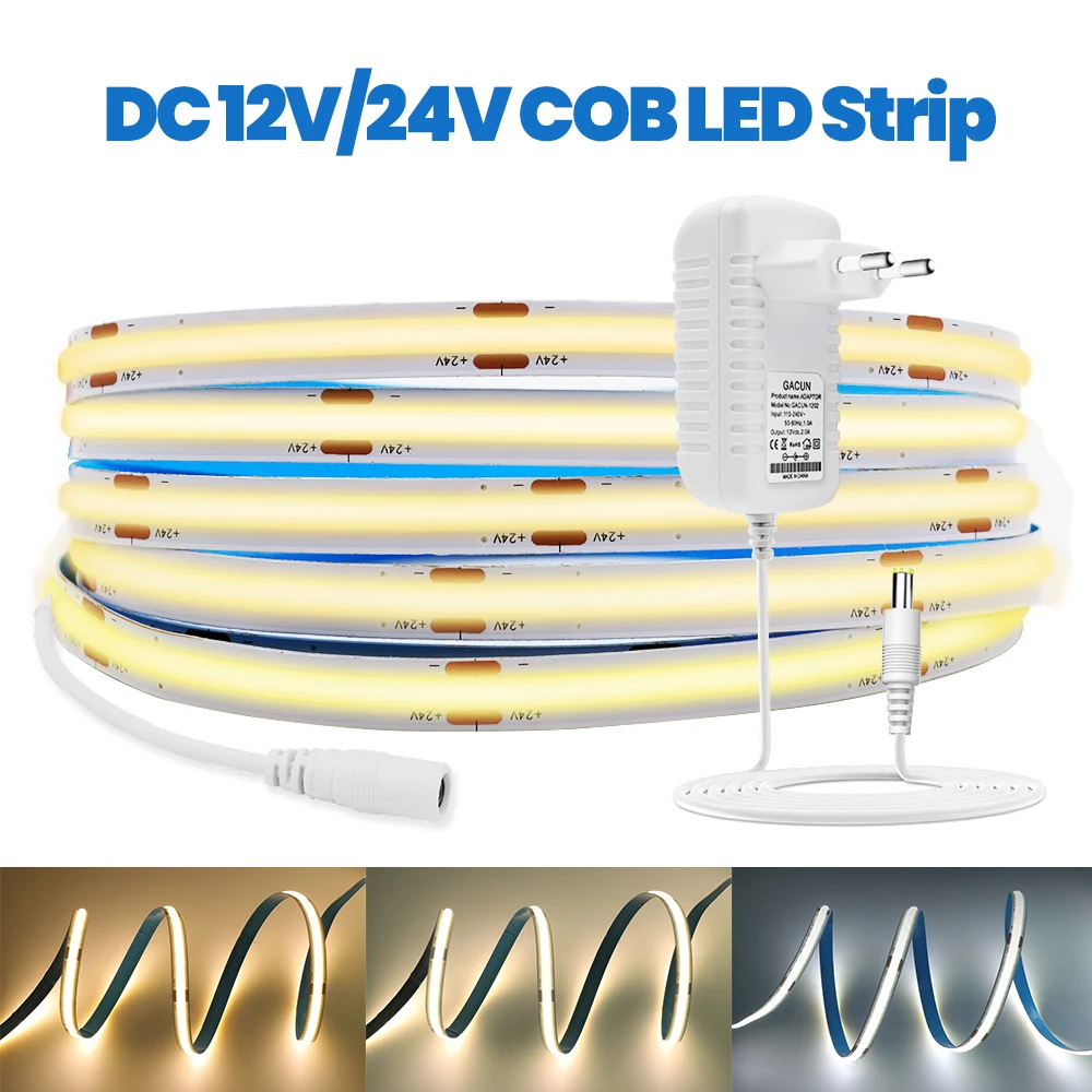 Светодиодная лента, 12 В, 24 В, COB, 320 светодиодов, 8 мм, 3000 К, 4500 к, 6000 К