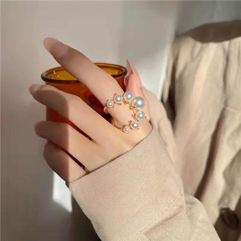 

French Retro Niche Creative Design Fashion Light Luxury Joint Ring Korean Version Simple Temperament Pearl Open Ring