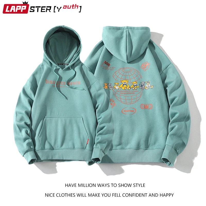 

LAPPSTER-Youth Men Harajuku Toy Bears Hooded Hoodies 2022 Mens Japanese Streetwear Kawaii Sweatshirts Male Fashion Letter Hoodie