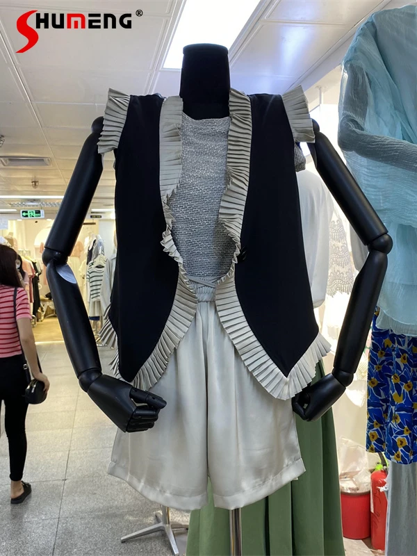 

2022 Summer New Korean Style Fashion Streetwear Contrast Color Ruffles Vest Coat Women's Simple Versatile Sleeveless Tank Tops
