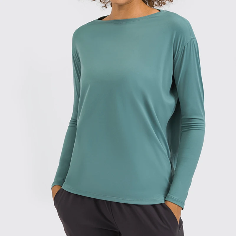 Lulu Action Summer New Breathable Comfortable Sports Solid Color Round Neck Long Sleeve Gym Running Fitness Dance Loose Yoga Top