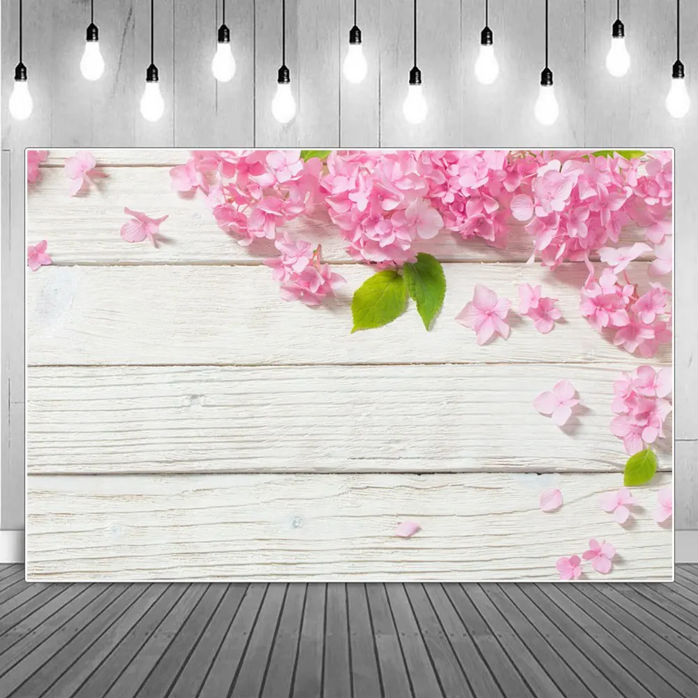 

White Plank Pink Floral Hydrangea Petals Decoration Photography Backdrops Flowers Board Self Portrait Birthday Party Backgrounds