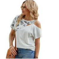 women cold shoulder shirt 2022 fashion summer cow print short sleeved tops cross blouse female casual loose pullover streetwear
