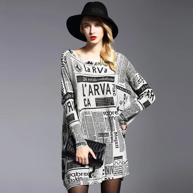

Dinboa Autumn New Fat Mm Large Women's Loose Pullover Print Newspaper Medium and Long Knitwear Bottomed Sweater