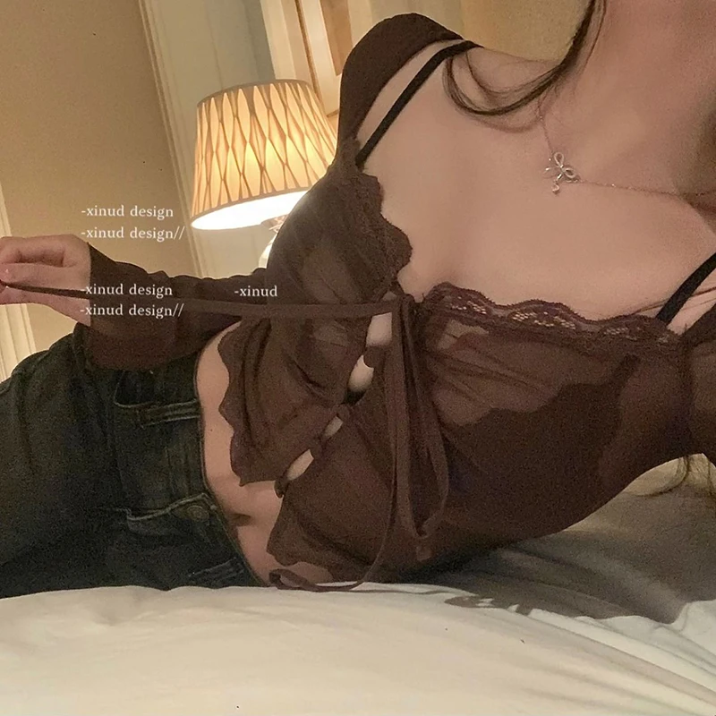 Сексуальные кружевные блузки для женщин Y2K уличная одежда винтажная Укороченная