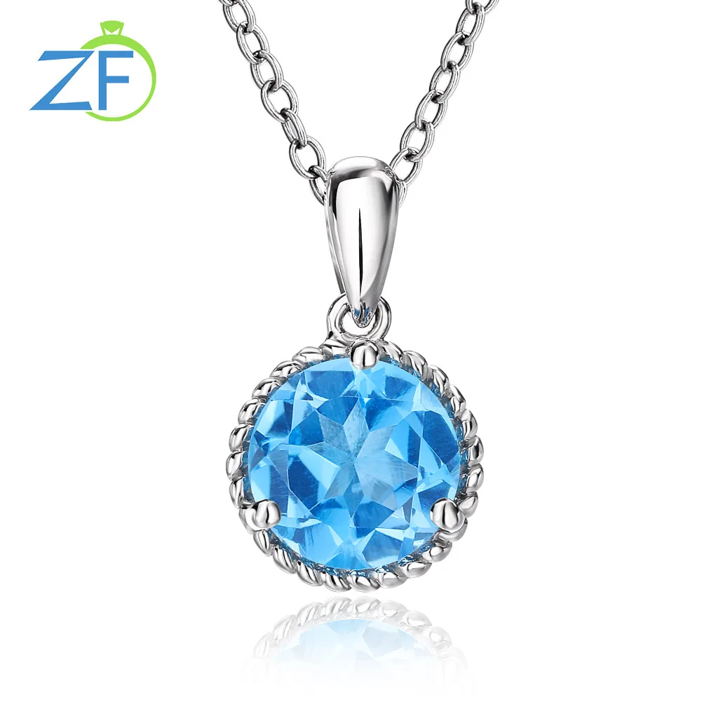 

GZ ZONGFA Genuine 925 Sterling Silver Necklace For Women 8.0mm Natural Blue Topaz Gemstone 2.2 Carats Round Pendant Fine Jewelry