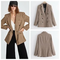 women fashion office wear double breasted check blazers coat vintage long sleeve pockets female outerwear chic tops