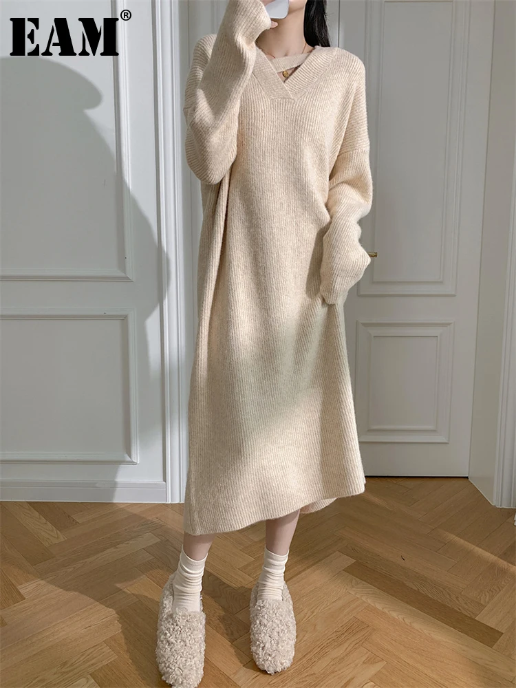 

[EAM] женское бежевое длинное трикотажное платье-свитер большого размера, новое модное Свободное платье с v-образным вырезом и длинными рукав...