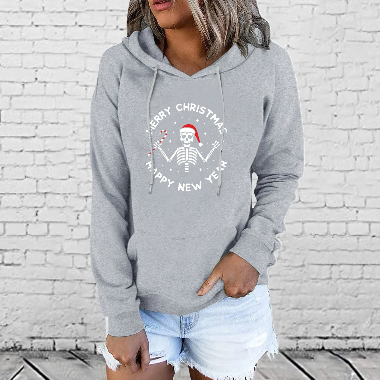 

Рождественские Женские повседневные толстовки с длинным рукавом с забавным принтом скелета пуловер свитшот с кулиской Топ Блузка Длинная ...