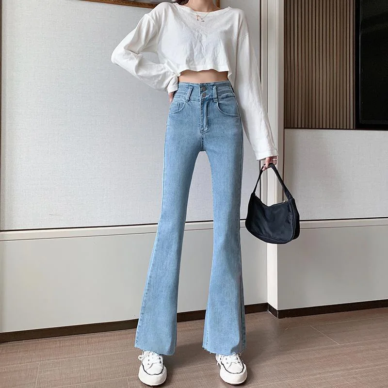 Classical Solid Jean Pop Bottom Pants Vintage Burrs High Waist Slim Flared Jeans for Women Two Button Denim Trousers Female 2021
