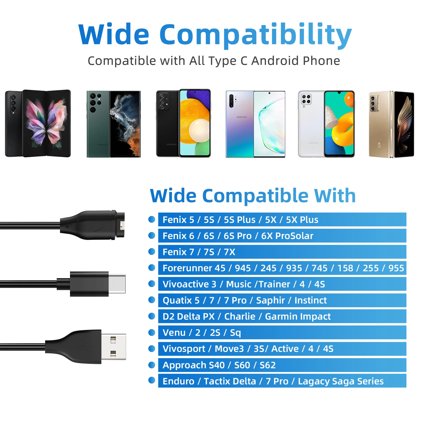 Для Garmin Watch/Android Phone Зарядное устройство для часов 2-в-1 120 СМ USB-зарядное умных