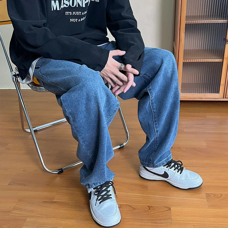 Blue Grey Baggy Jeans Men Fashion Drawstring Casual Wide Leg Jeans Mens Streetwear Hip Hop Loose Straight Denim Trousers Men