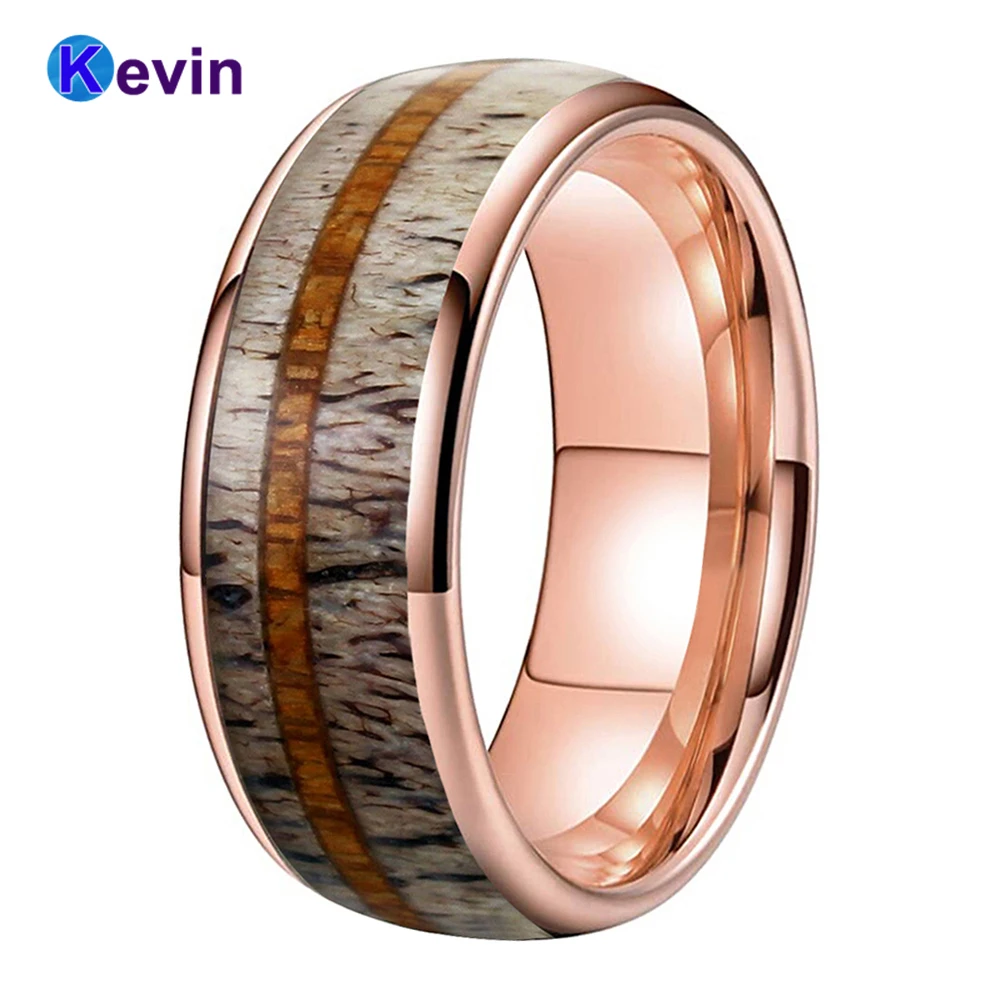 

Cool Black/Gold/Rose Dear Antler Ring Men Women Tungsten Wedding Band With Wood Inlay Domed Polished 8MM Comfort Fit