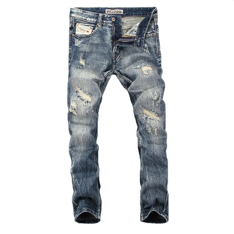 

Streetwear Fashion Men Jeans Retro Wash Slim Fit Destroyed Ripped Jeans Men Hole Trousers Patched Vintage Designer Pants Hombre