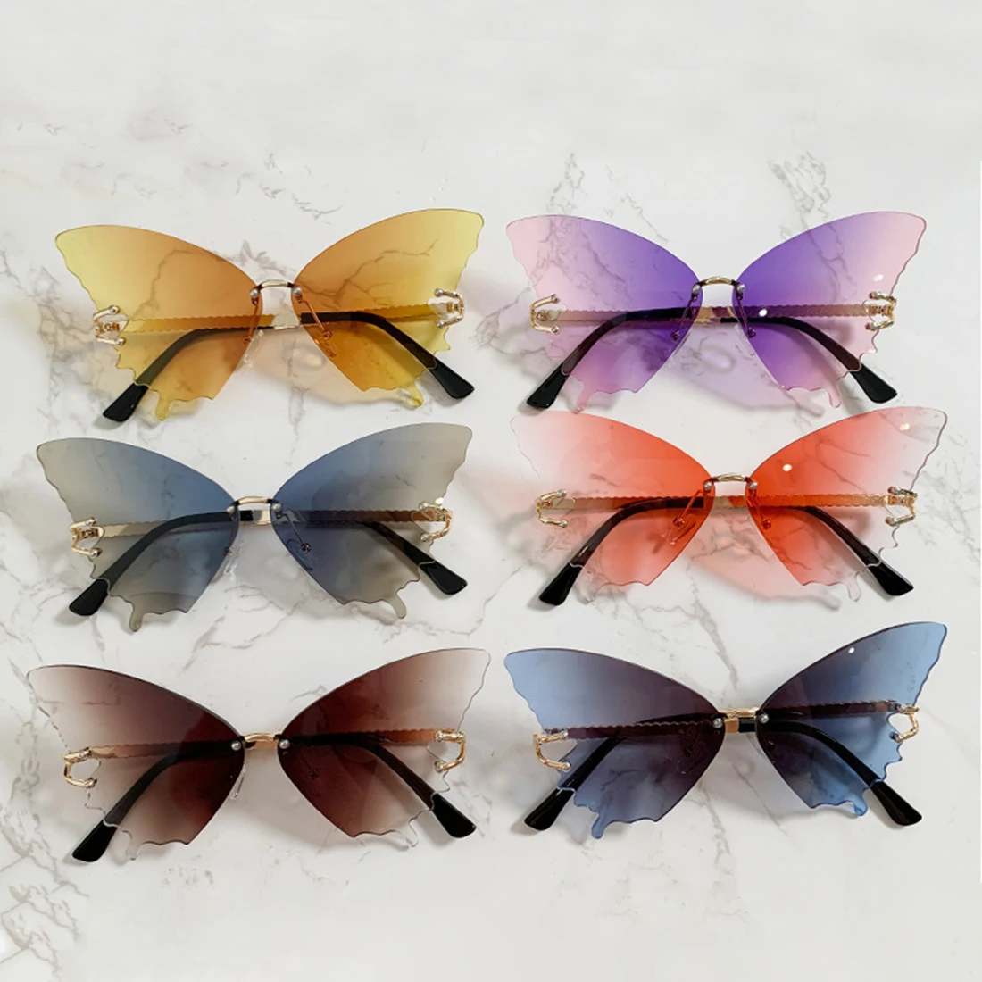 

Модные градиентные солнцезащитные очки-бабочки для женщин, защита от УФ-лучей, винтажные металлические солнцезащитные очки без оправы, ретро-очки, забавный Декор