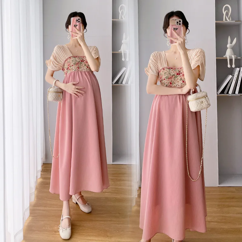 

Maternity Grace Fashion Chiffon Dresses Summer Clothes For Pregnant Women Chinese Style Vintage Patchwork Sweet Pregnancy Dress