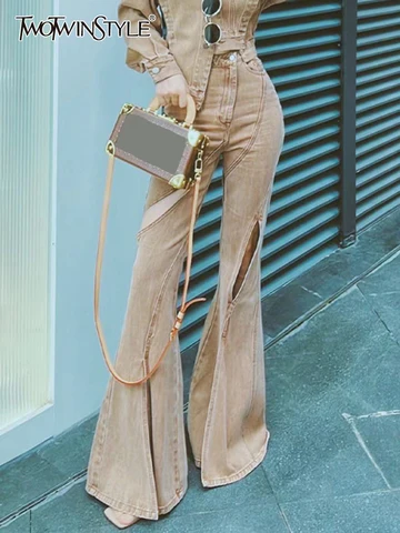TWOTWINSTYLE Vintage Solid Denim Flare Pants For Women Patchwork Irregular Hollow Out Loose Jeans Female Clothing Autumn Style
