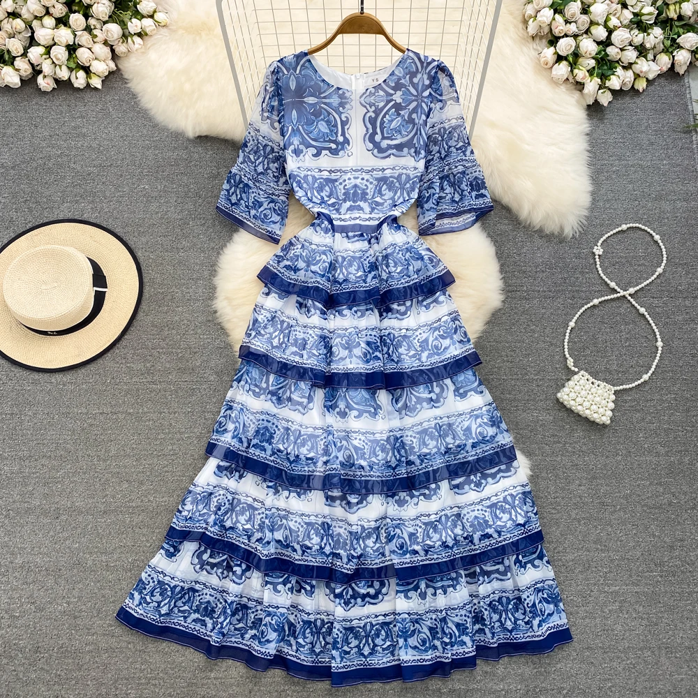 

Retro Style Blue and White Porcelain Printed Round Collar Trumpet Sleeves Tucked Waist Slimming Cake Dress