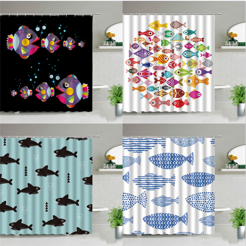 

Colorful Cartoon Fish Shark Shower Curtains Ocean Life Children's Bathroom Curtain Home Decor Waterproof Bath Screens with Hooks