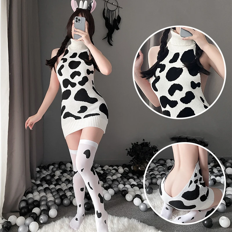 

New Virgin Killer Cow Sweater Sexy lingerie Women Backless Turtleneck Sleeveless Dress Cosplay Costumes Knitted Pullovers