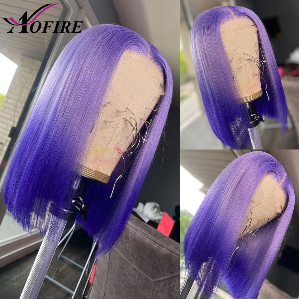 

Light Purple Ombre Blue Colored Bob Wigs Short Straight Bob Lace Front Wigs HD Lace Frontal Virgin Human Hair Wigs Preplucked