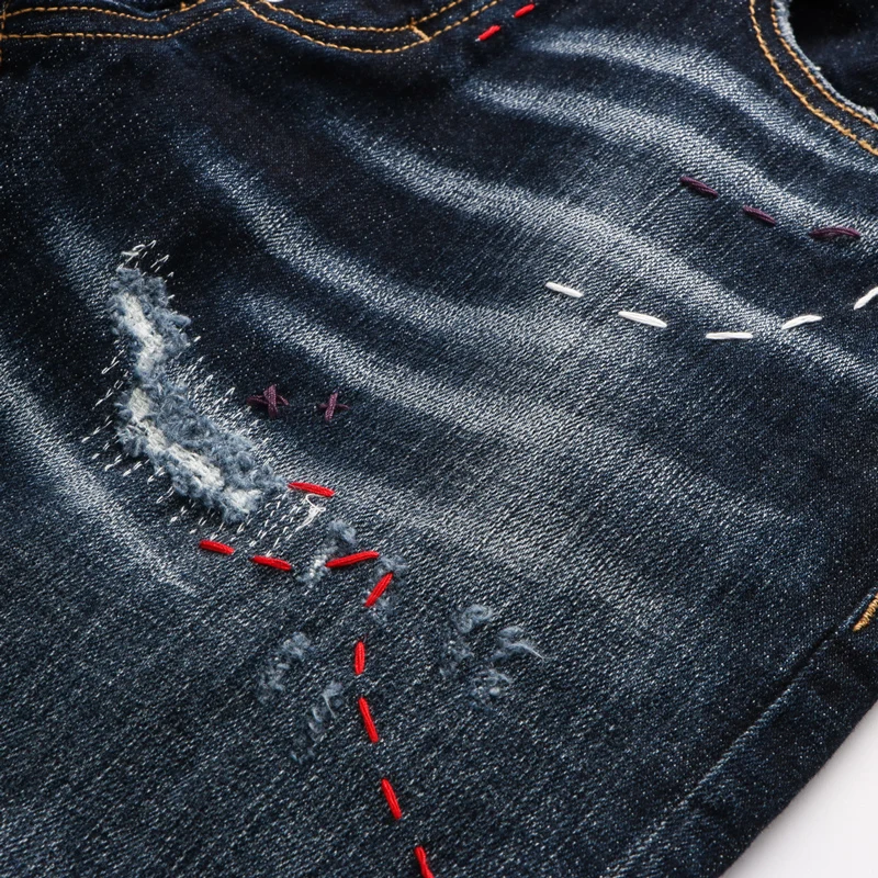 High Street Fashion Men Jeans Retro Black Blue Elastic Slim Ripped Jeans Men Embroidery Designer Painted Hip Hop Pants Hombre