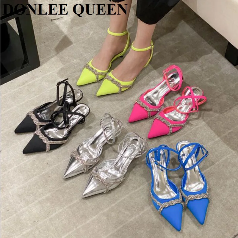 

Женские Блестящие Босоножки на ремешке, туфли-лодочки с бантом и кристаллами, вечерние туфли без задника на высоком каблуке
